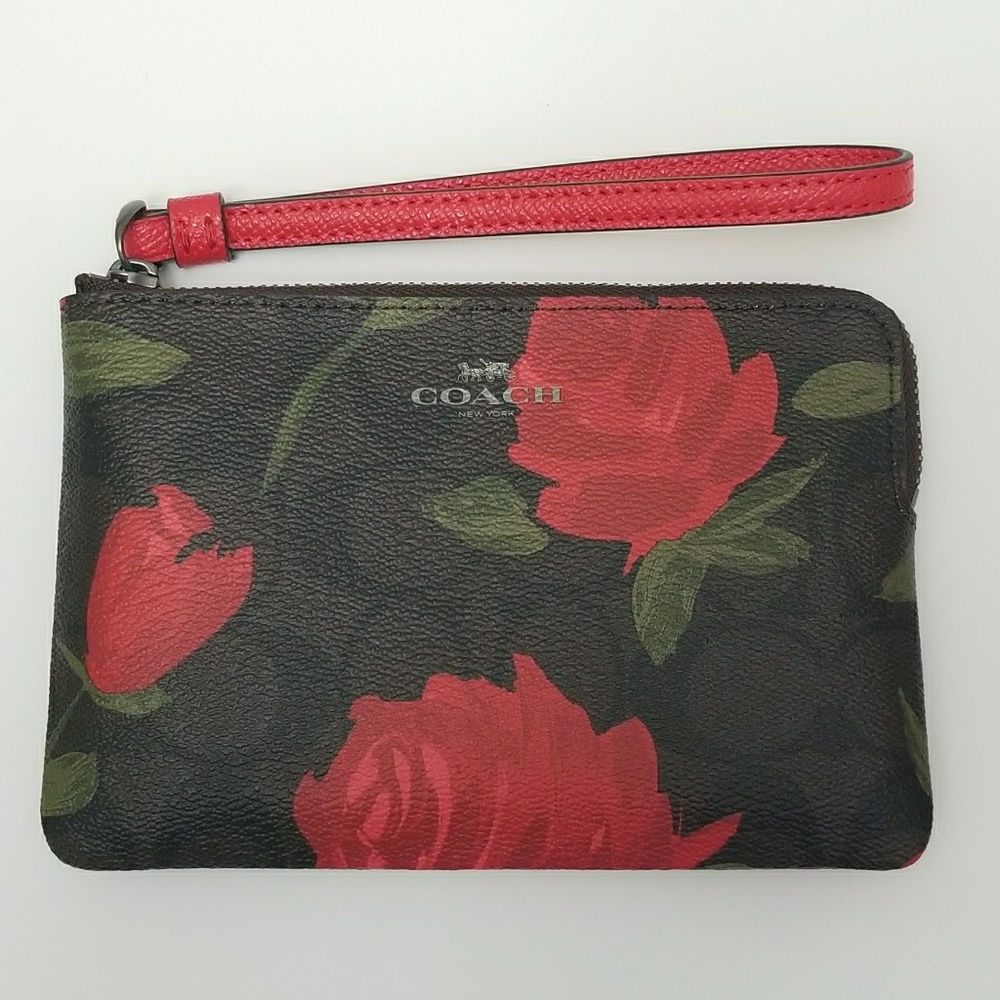 NWT Coach Brown + Red Floral / Gun Metal Wristlet - Picture 1 of 8